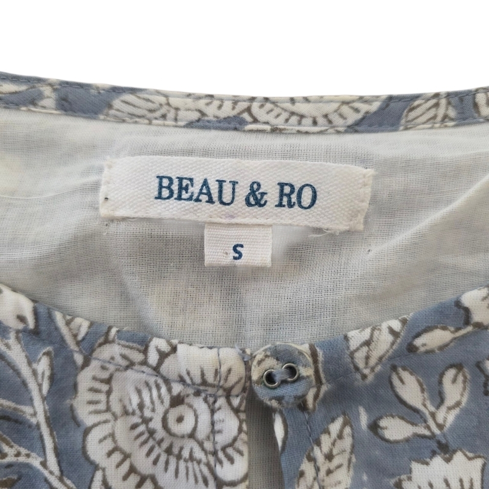 Beau & Ro Dusty Blue Floral Hand Block Print Cotton Boho Peasant Dress Small - Picture 9 of 11